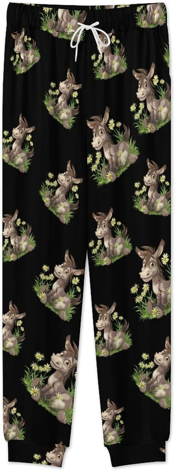 Donkey Daisy Flower Men's Crew Neck Pajama 2 Piece Set Long Sleeve Loungewear Top and Bottom