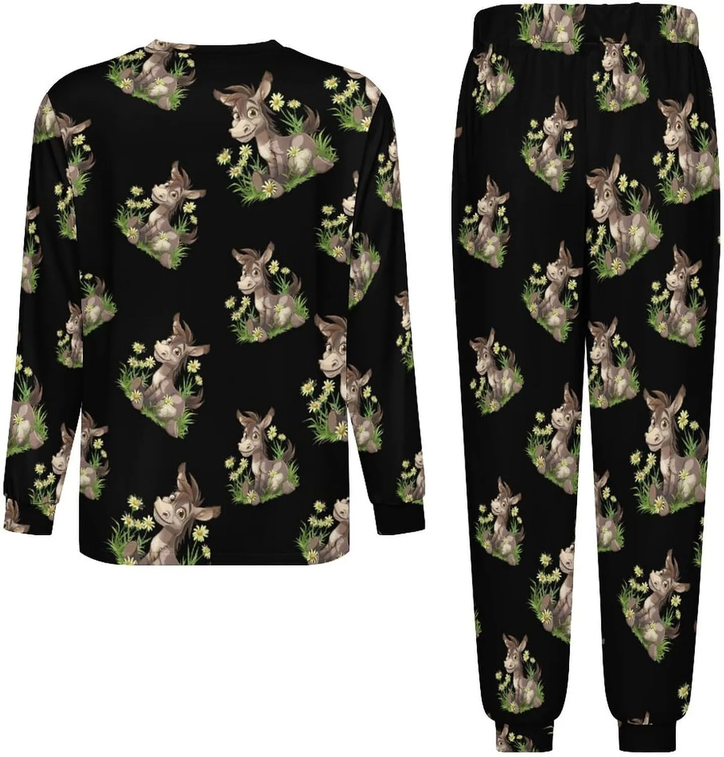 Donkey Daisy Flower Men's Crew Neck Pajama 2 Piece Set Long Sleeve Loungewear Top and Bottom