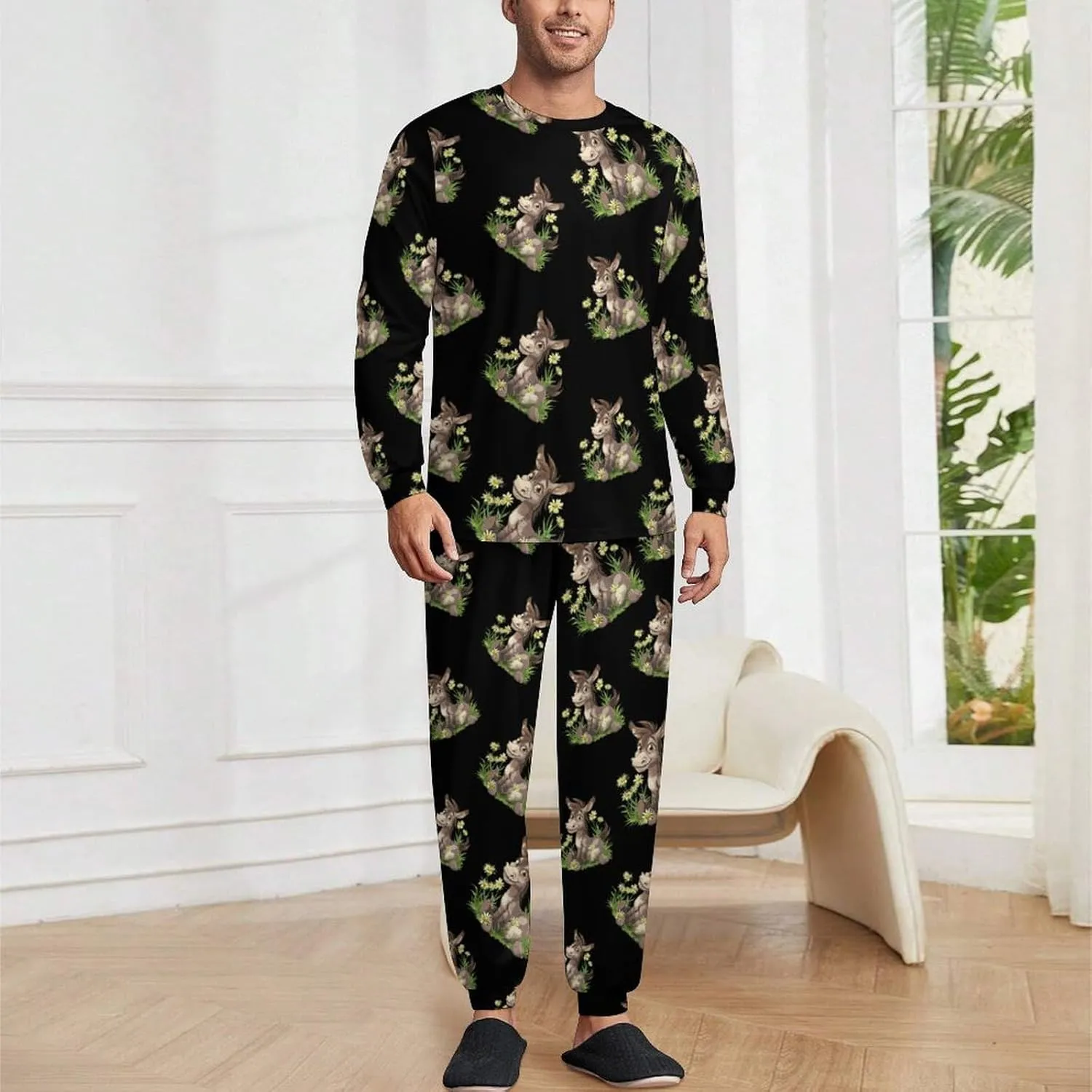 Donkey Daisy Flower Men's Crew Neck Pajama 2 Piece Set Long Sleeve Loungewear Top and Bottom