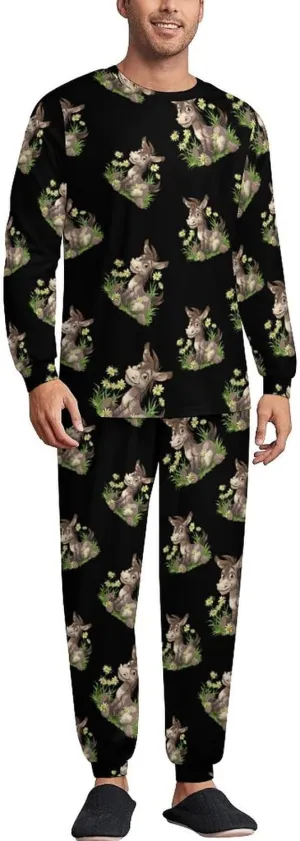 Donkey Daisy Flower Men's Crew Neck Pajama 2 Piece Set Long Sleeve Loungewear Top and Bottom