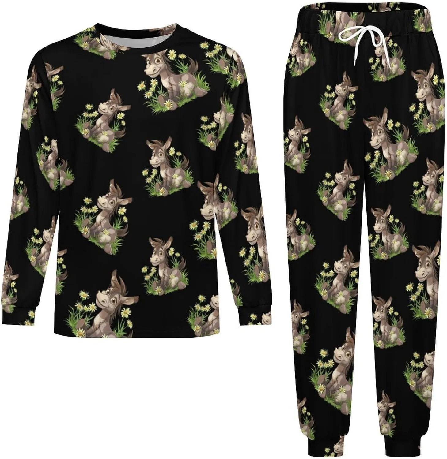 Donkey Daisy Flower Men's Crew Neck Pajama 2 Piece Set Long Sleeve Loungewear Top and Bottom