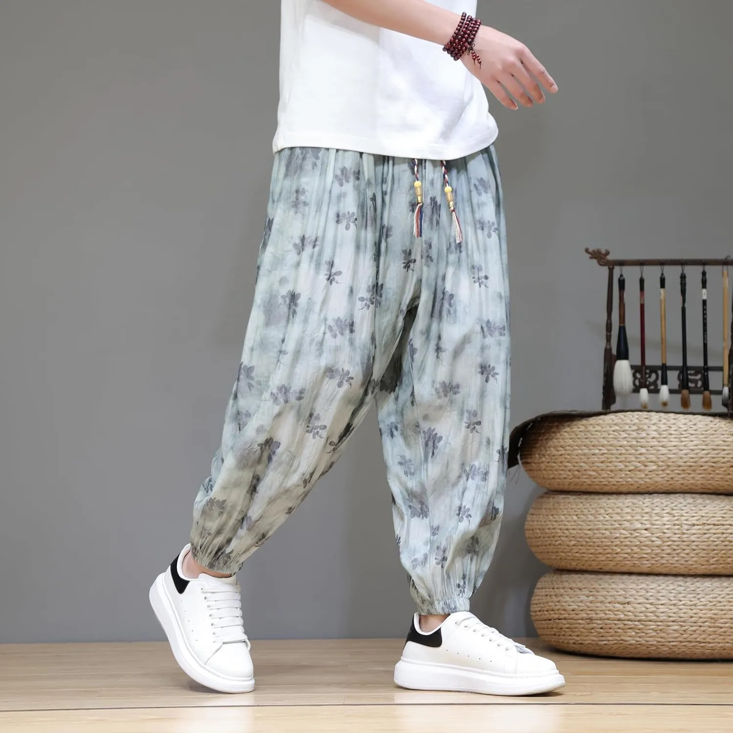DOSLAVIDA Men's Linen Harem Pants Lightweight Elastic Waist Yoga Pants Casual Summer Beach Trouser with Pockets