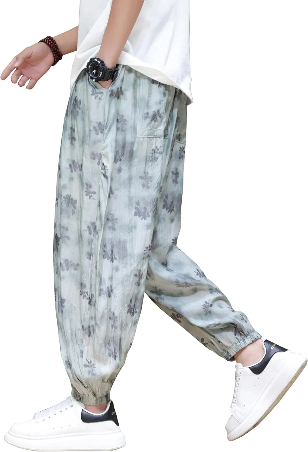 DOSLAVIDA Men's Linen Harem Pants Lightweight Elastic Waist Yoga Pants Casual Summer Beach Trouser with Pockets