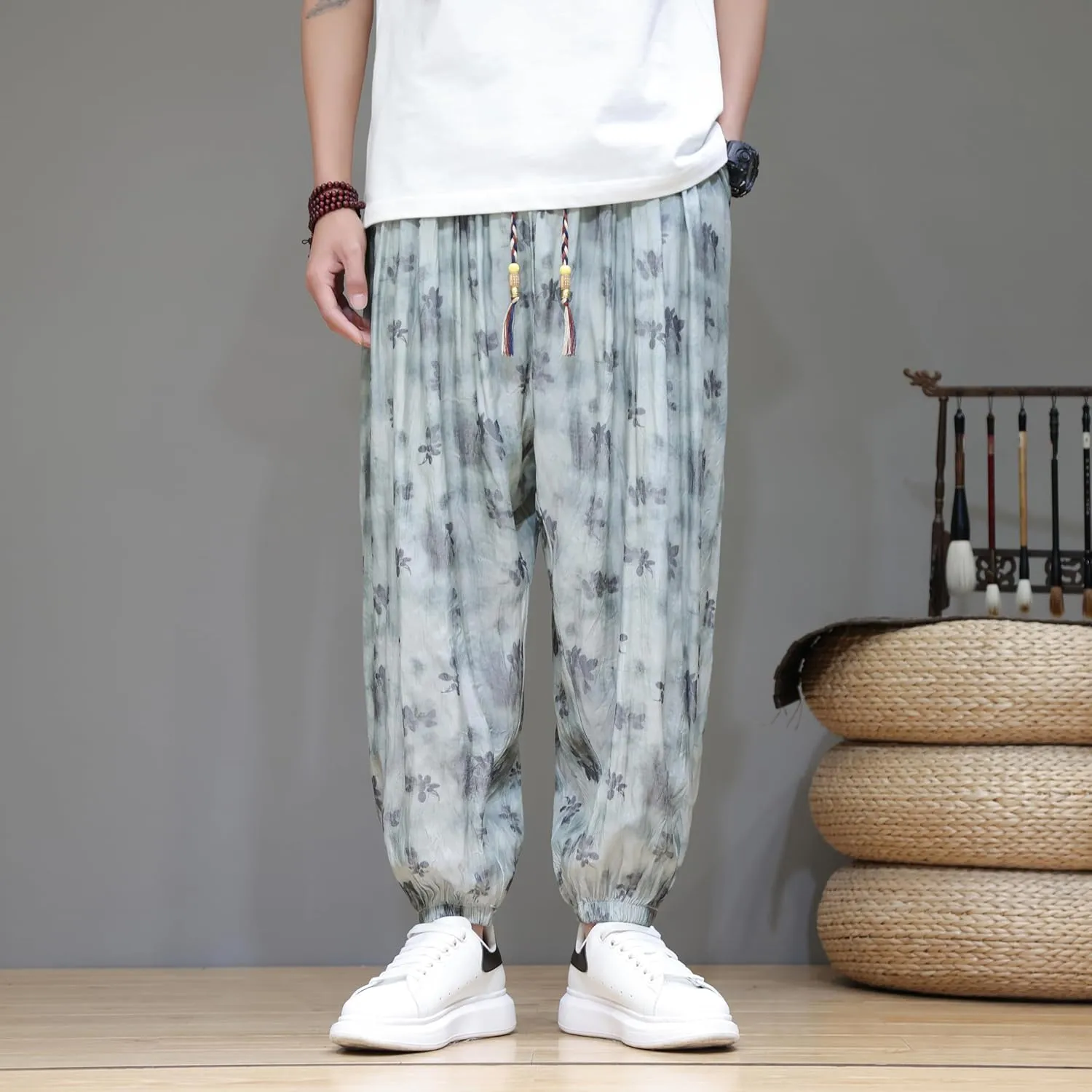 DOSLAVIDA Men's Linen Harem Pants Lightweight Elastic Waist Yoga Pants Casual Summer Beach Trouser with Pockets