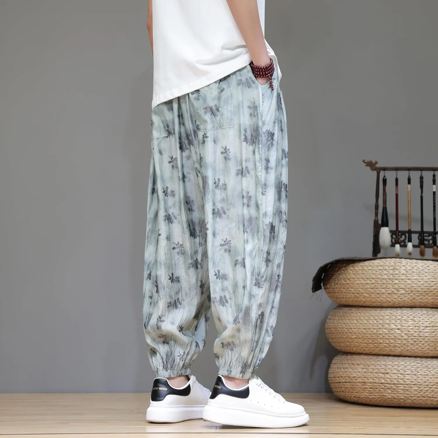 DOSLAVIDA Men's Linen Harem Pants Lightweight Elastic Waist Yoga Pants Casual Summer Beach Trouser with Pockets