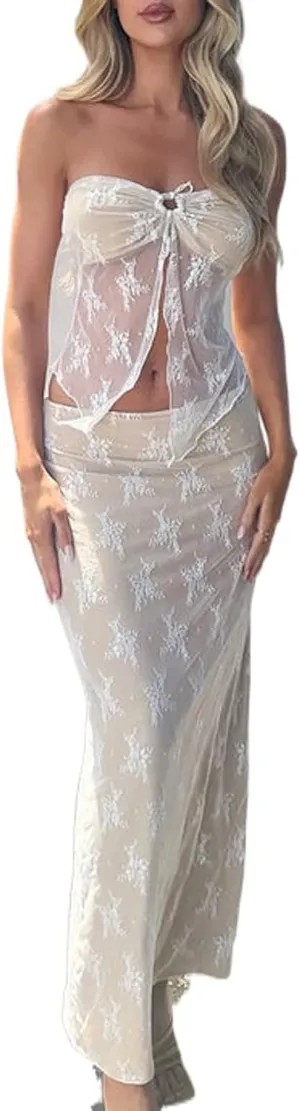 DSORVICD Women Going Out Maxi Skirt Set Strapless Lace Tube Top Bodycon Long Skirts Suit Y2k 2 Piece Outfits