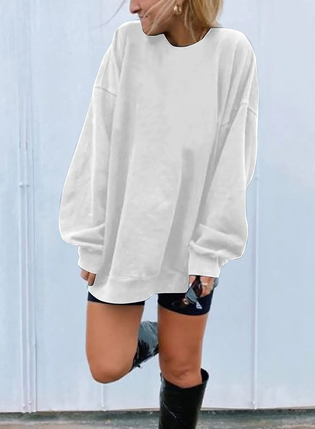 Ebifin Women's Oversized Long Sleeve Sweatshirts Pure Color Round Neck Casual Pullover Shirt