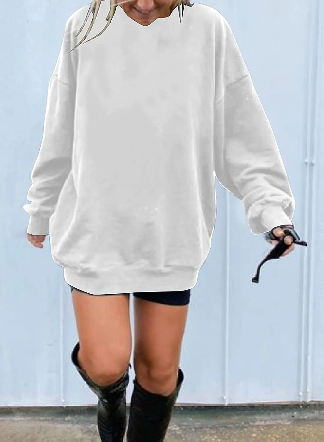Ebifin Women's Oversized Long Sleeve Sweatshirts Pure Color Round Neck Casual Pullover Shirt