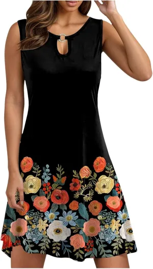 Eduavar Mini Dresses for Women Summer Floral Dress for Women Plus Size Tank Dress Floral Print Sleeveless V Neck Mini Dress