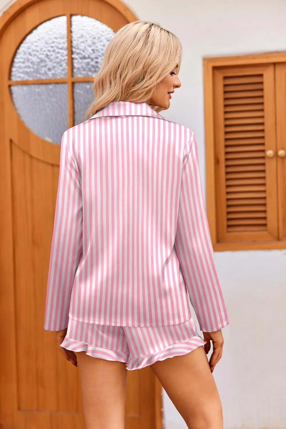 Ekouaer Womens Satin Pajama Sets Long Sleeve Top and Shorts Lounge Set Button Down Sleepwear