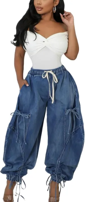 Elasticated Waistband Drawstring Tie Bow Loose Straight Jeans Denim Pants