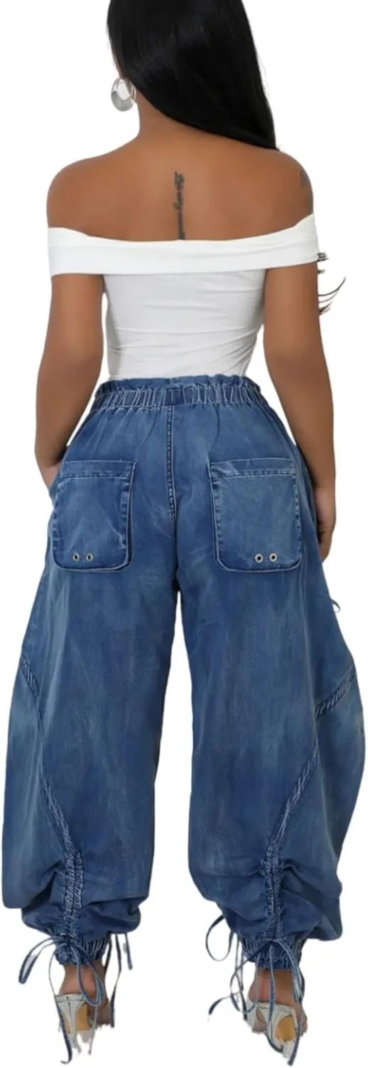 Elasticated Waistband Drawstring Tie Bow Loose Straight Jeans Denim Pants