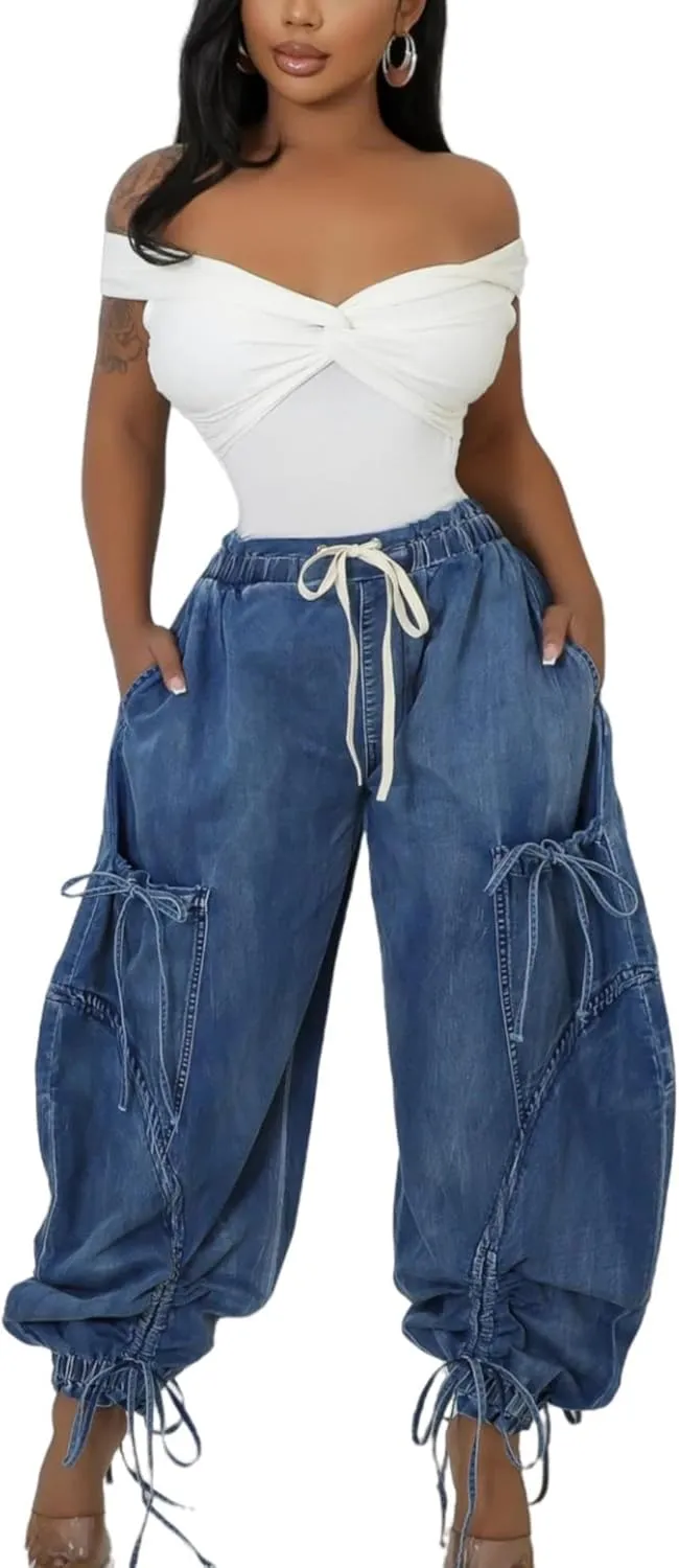 Elasticated Waistband Drawstring Tie Bow Loose Straight Jeans Denim Pants