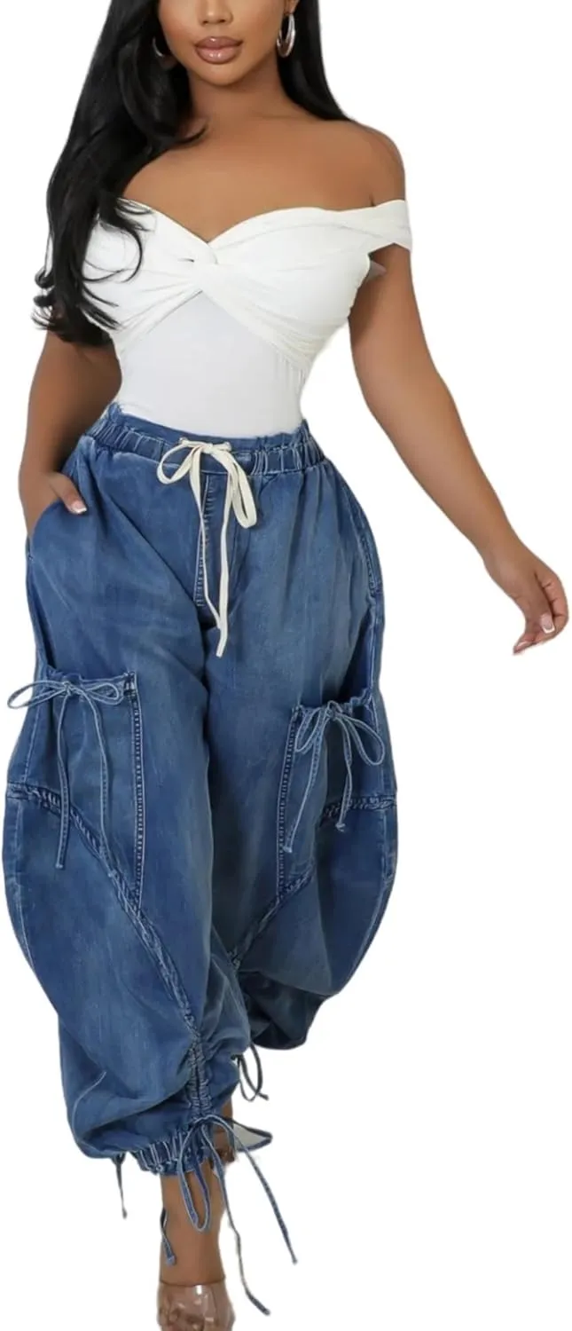 Elasticated Waistband Drawstring Tie Bow Loose Straight Jeans Denim Pants