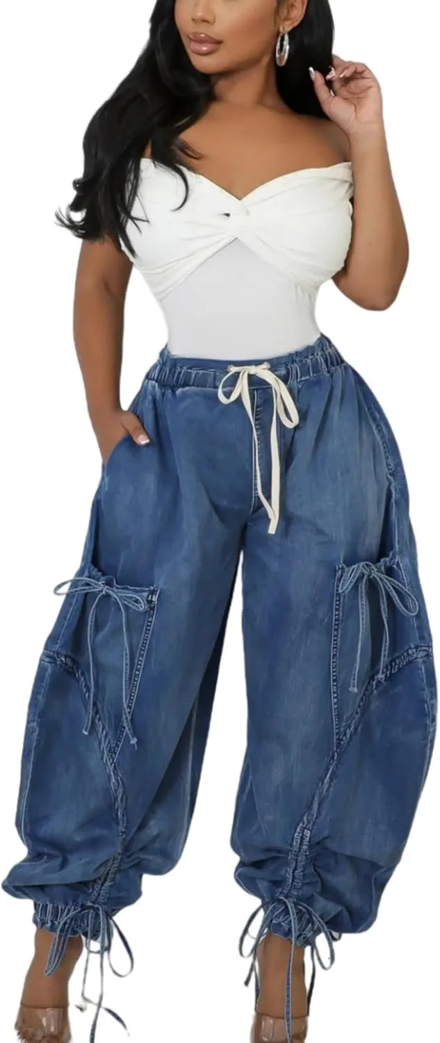 Elasticated Waistband Drawstring Tie Bow Loose Straight Jeans Denim Pants