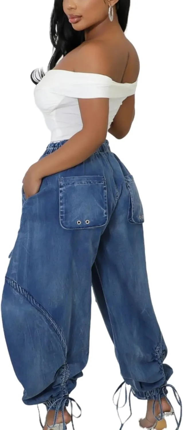 Elasticated Waistband Drawstring Tie Bow Loose Straight Jeans Denim Pants
