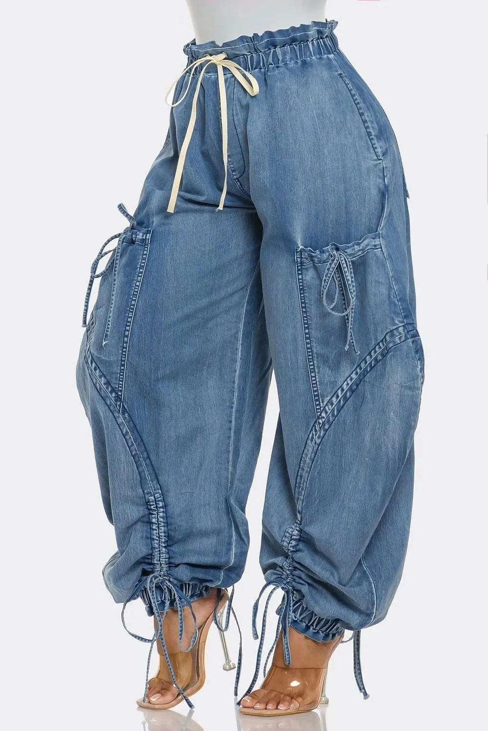 Elasticated Waistband Drawstring Tie Bow Loose Straight Jeans Denim Pants