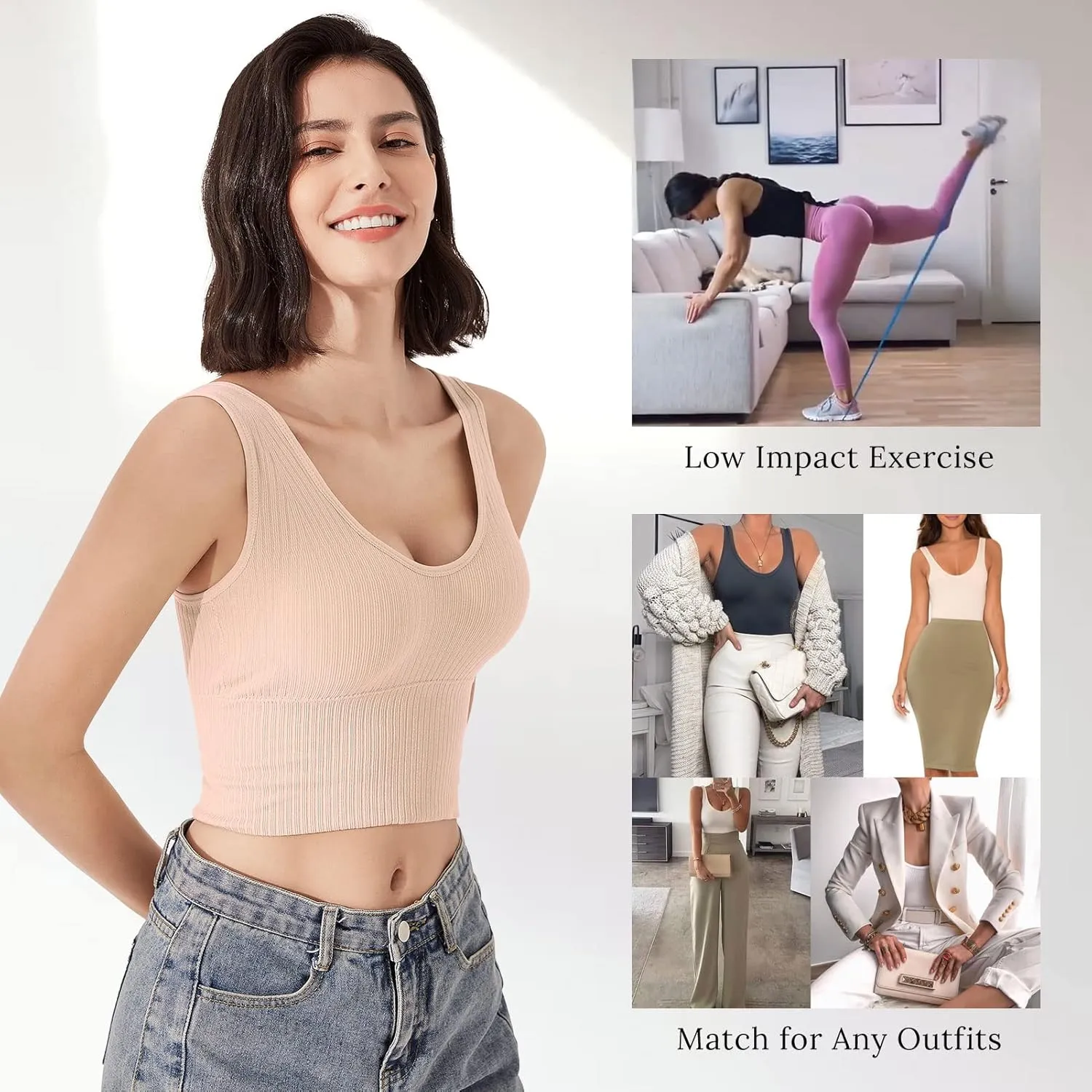 Eleplus 4 Pieces Comfy Cami Bra for Women Crop Top Yoga Bralette Longline Padded Lounge Bra Pack of 4