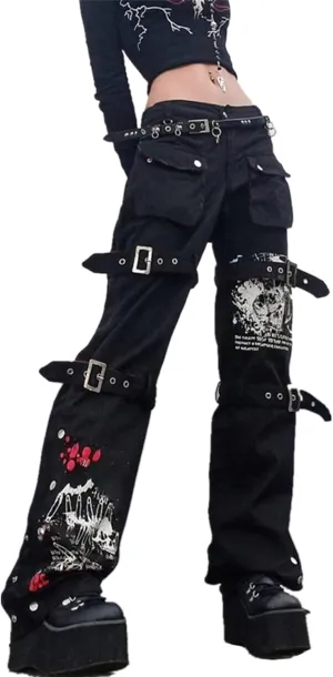 ENFUSO Punk Y2k Grunge Low Waist Emo Jeans Mall Gothic Women Black Patchwork Electro Pants Fashion Streetwear Alt Clothes