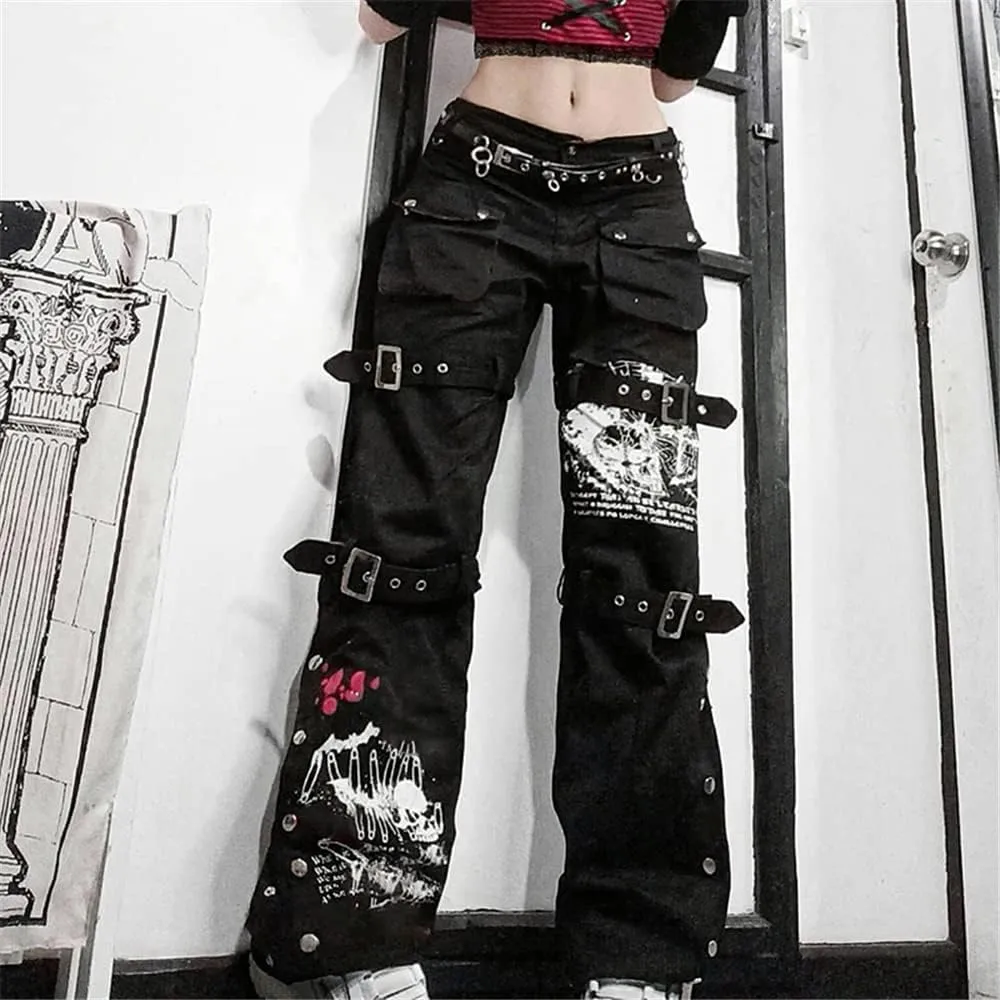 ENFUSO Punk Y2k Grunge Low Waist Emo Jeans Mall Gothic Women Black Patchwork Electro Pants Fashion Streetwear Alt Clothes