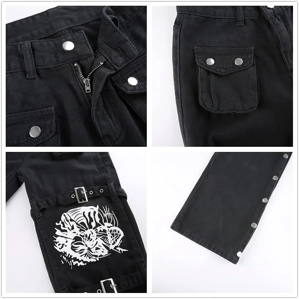 ENFUSO Punk Y2k Grunge Low Waist Emo Jeans Mall Gothic Women Black Patchwork Electro Pants Fashion Streetwear Alt Clothes
