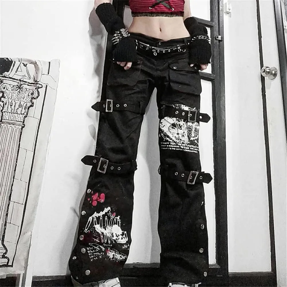 ENFUSO Punk Y2k Grunge Low Waist Emo Jeans Mall Gothic Women Black Patchwork Electro Pants Fashion Streetwear Alt Clothes