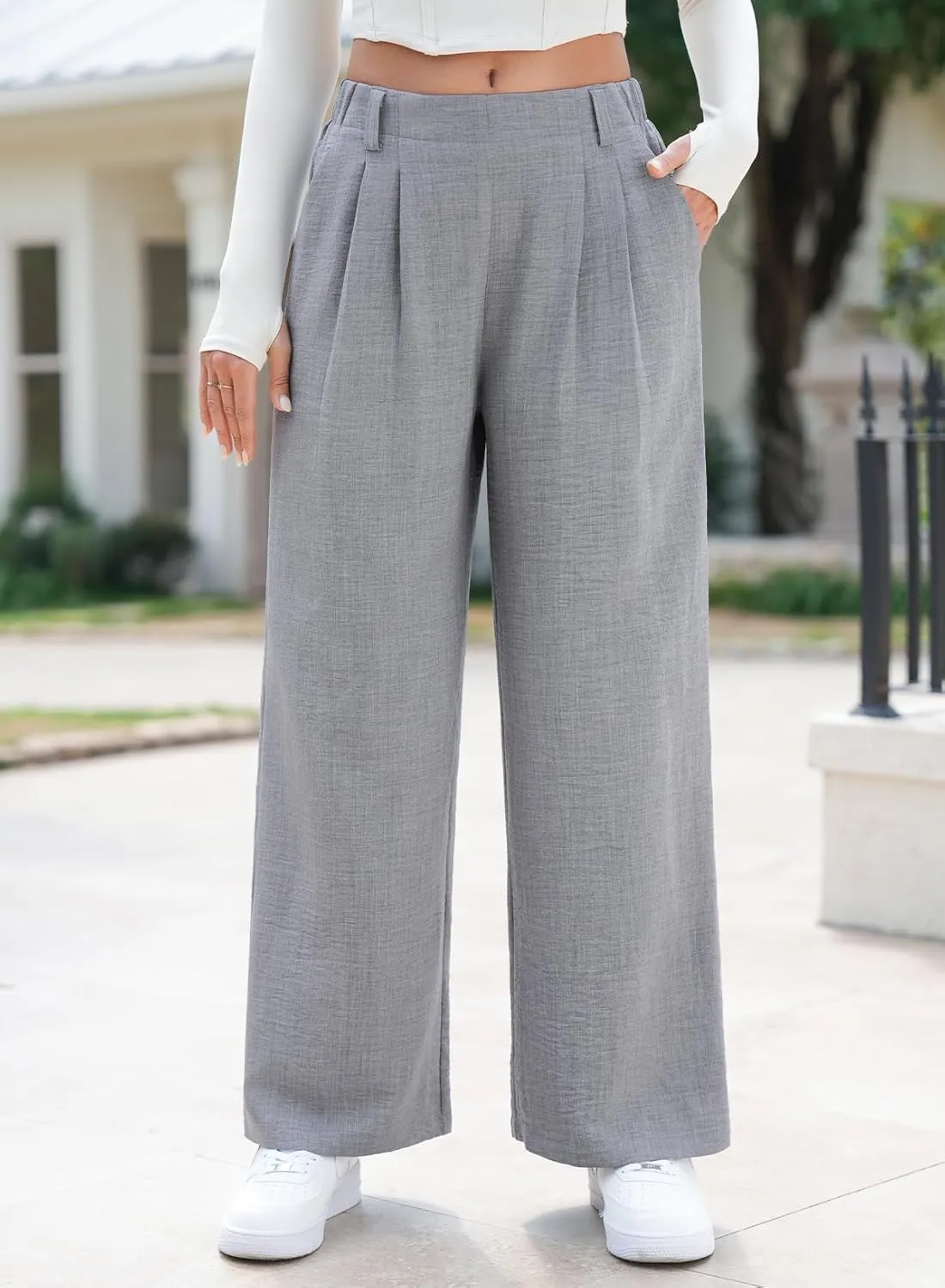 EVALESS Women's Wide Leg Pants High Waisted Business Work Casual Trousers 2025 Summer Comfy Palazzo Pants with Pockets