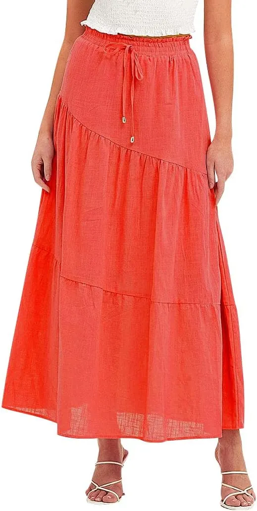 Ezcosplay Women Maxi Linen Skirt Elastic High Waist A-Line Swing Long Beach Skirt Summer