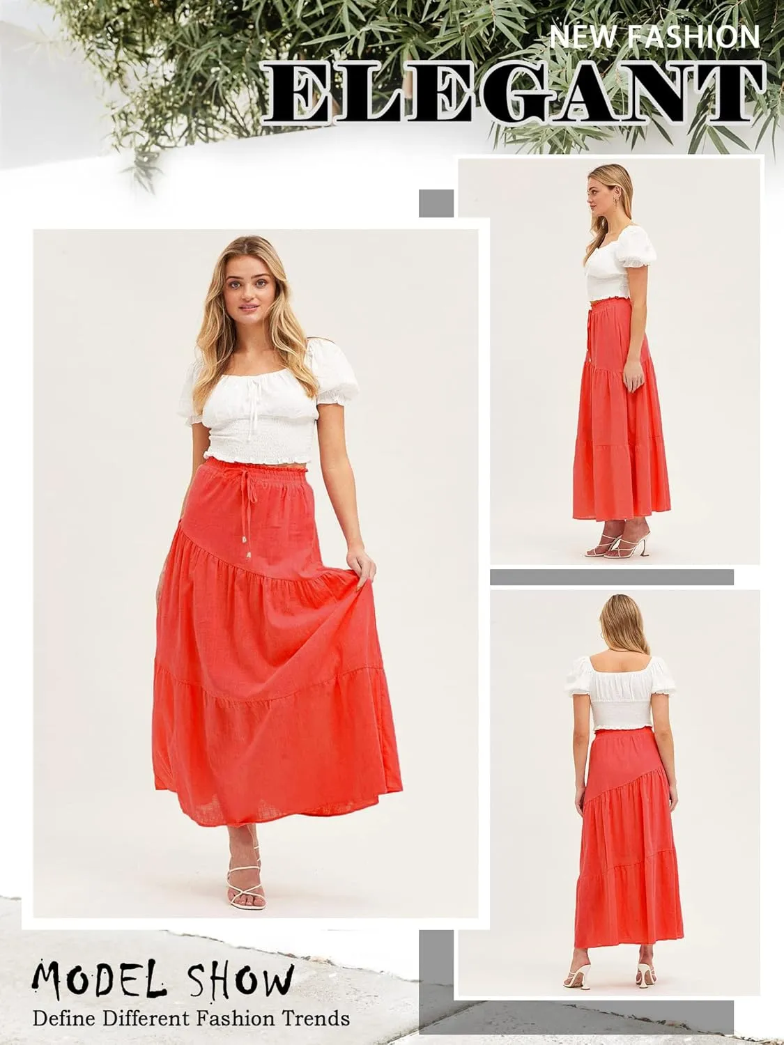 Ezcosplay Women Maxi Linen Skirt Elastic High Waist A-Line Swing Long Beach Skirt Summer