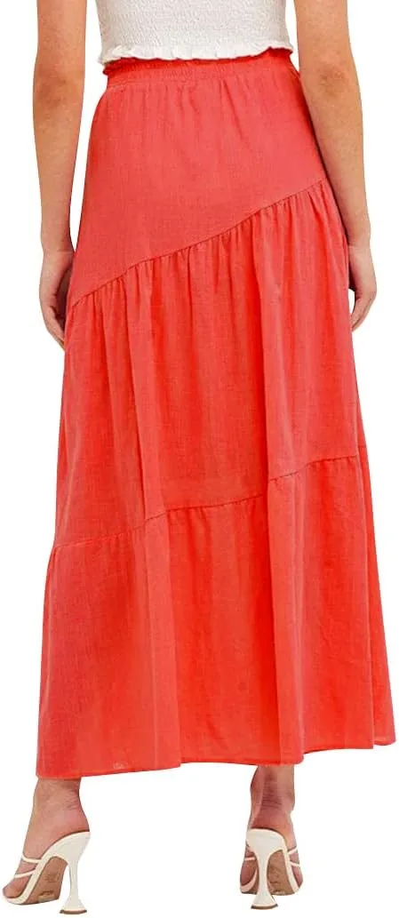 Ezcosplay Women Maxi Linen Skirt Elastic High Waist A-Line Swing Long Beach Skirt Summer