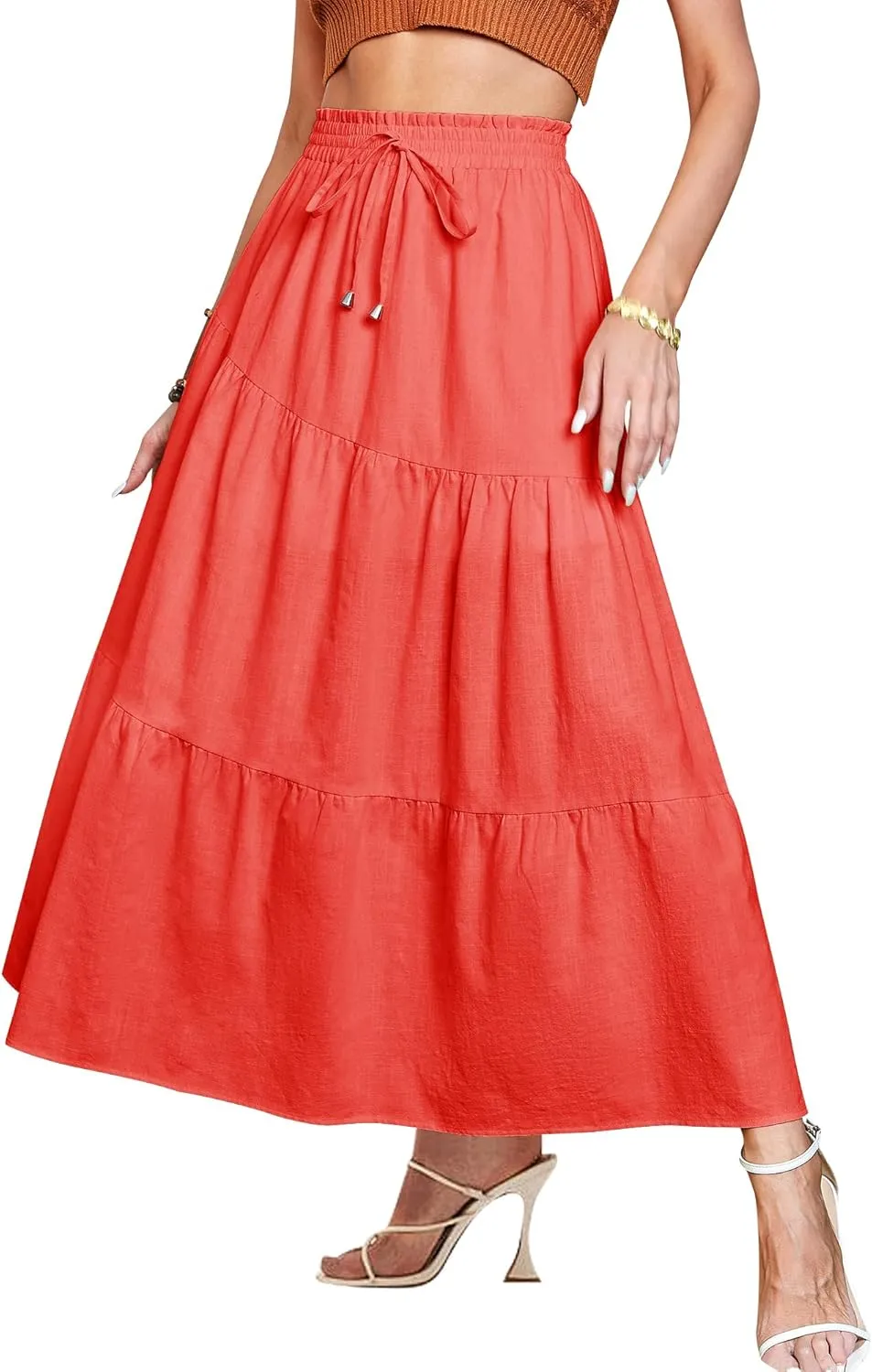 Ezcosplay Women Maxi Linen Skirt Elastic High Waist A-Line Swing Long Beach Skirt Summer