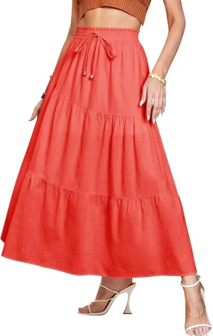 Ezcosplay Women Maxi Linen Skirt Elastic High Waist A-Line Swing Long Beach Skirt Summer