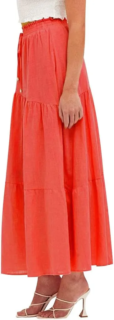 Ezcosplay Women Maxi Linen Skirt Elastic High Waist A-Line Swing Long Beach Skirt Summer