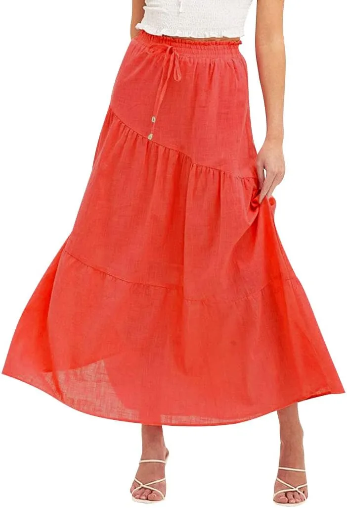Ezcosplay Women Maxi Linen Skirt Elastic High Waist A-Line Swing Long Beach Skirt Summer