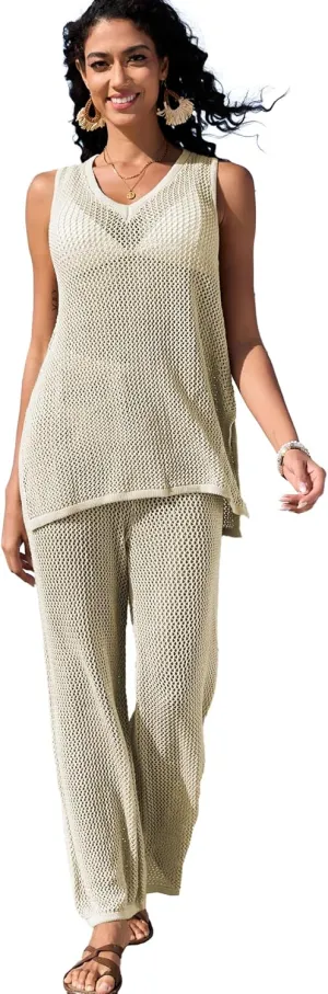 Famulily Womens 2 Piece Crochet Knit Outfits Summer Hollow Out Cover Up Sets Sleeveless Deep V Neck Top and Wide Leg Pants