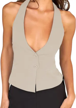 Fanway&EC Women's Casual V Neck Button Front Crop Vest Sleeveless Sexy Halter Backless Waistcoat Jacket