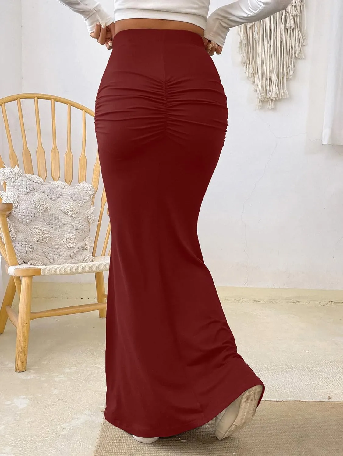 Fashionable Skirt - Pure Color Fish Tail Midi Skirt with Elastic Waist and Pleated Details