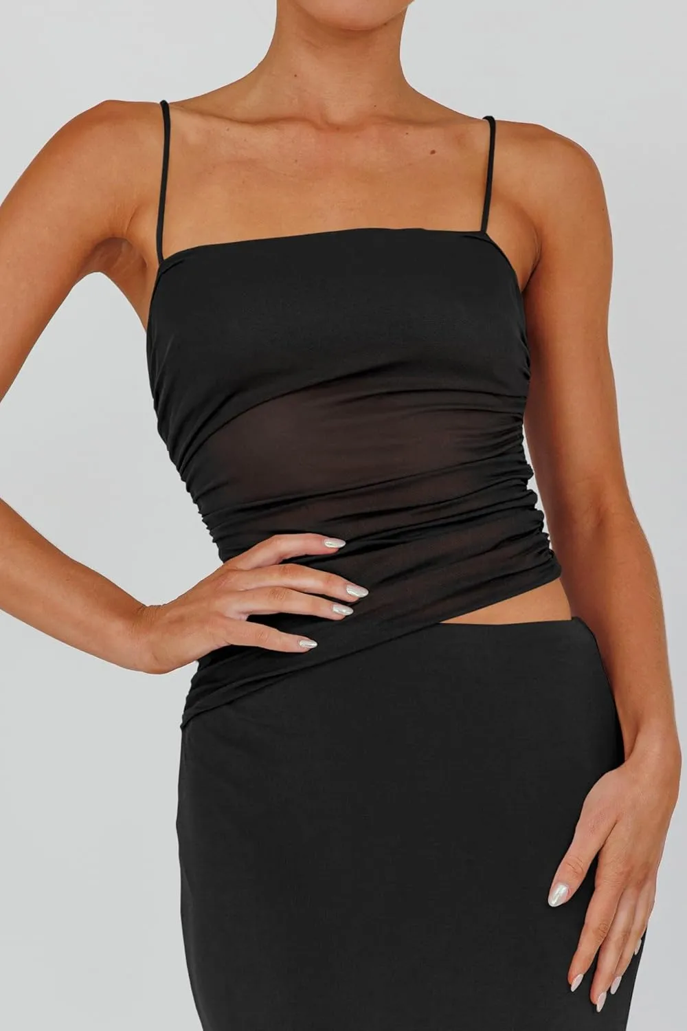 Fisoew Womens 2 Piece Skirt Dress Set Summer Sheer Mesh Ruched Camisole Tops Maxi Skirts Sexy Bodycon Sets