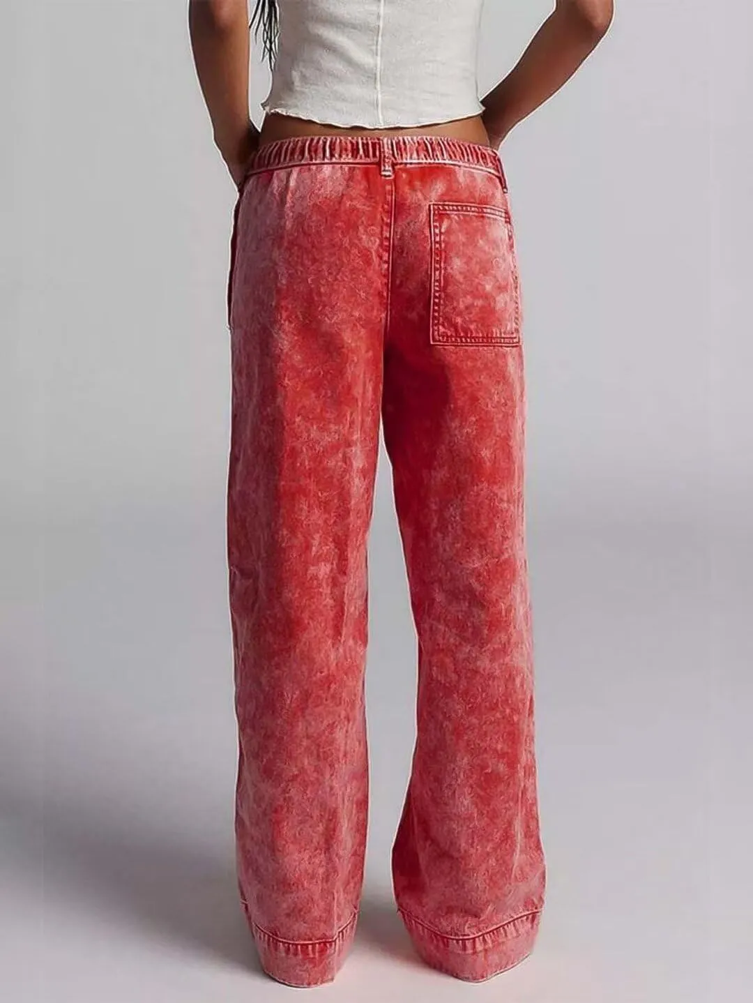 Flamingals Straight Leg Baggy Mid Rise Casual Drawstring Denim Pants