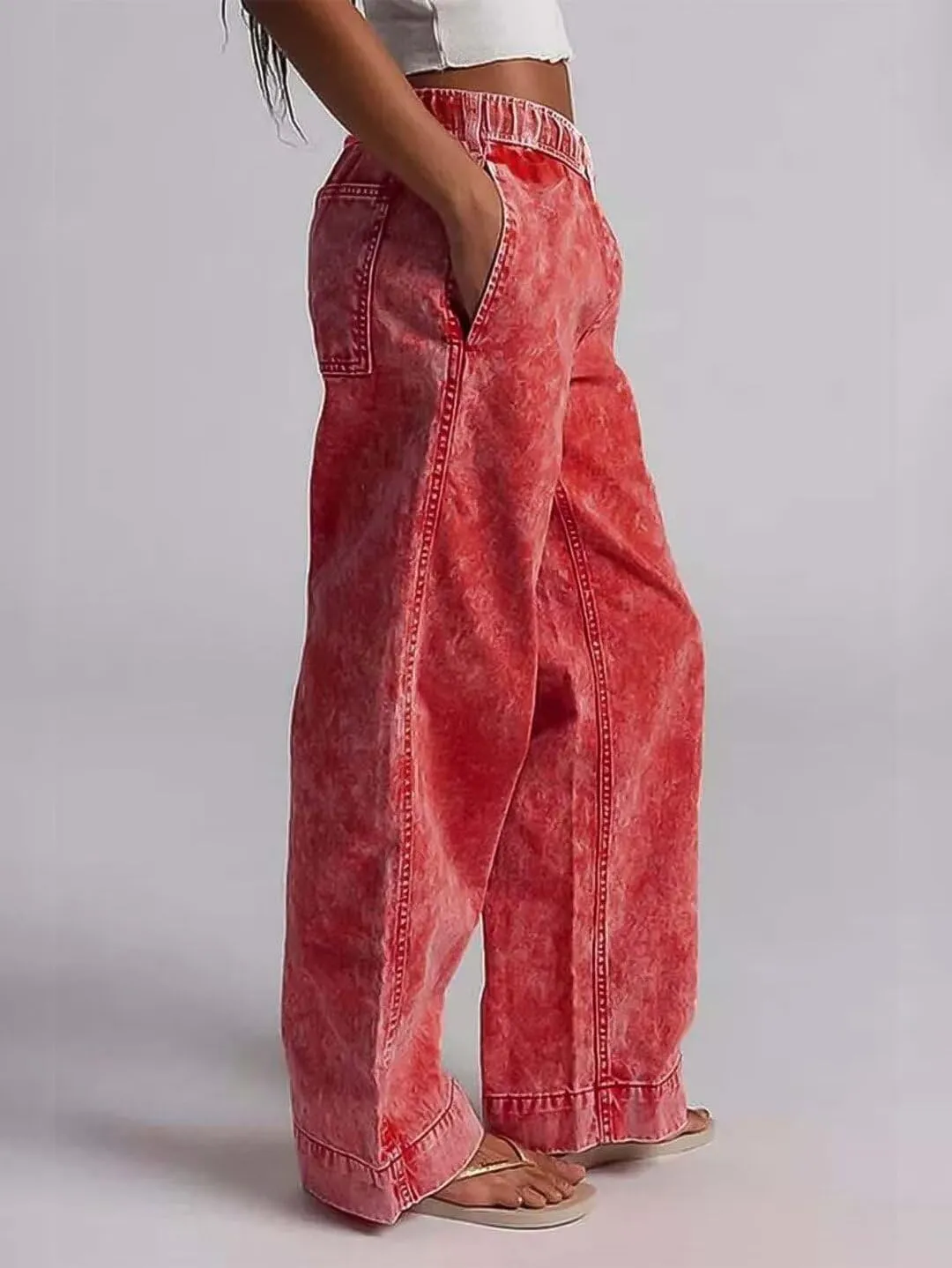 Flamingals Straight Leg Baggy Mid Rise Casual Drawstring Denim Pants