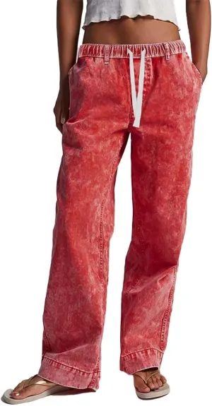 Flamingals Straight Leg Baggy Mid Rise Casual Drawstring Denim Pants