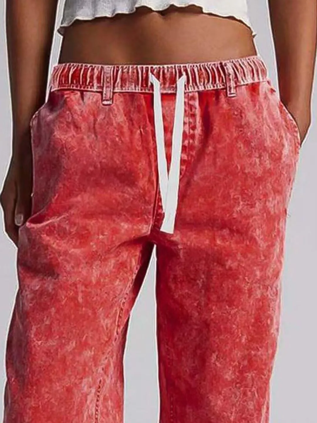 Flamingals Straight Leg Baggy Mid Rise Casual Drawstring Denim Pants
