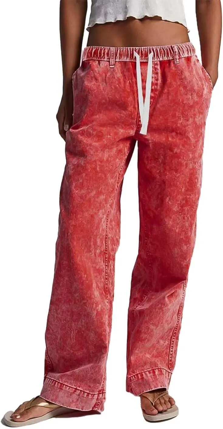 Flamingals Straight Leg Baggy Mid Rise Casual Drawstring Denim Pants
