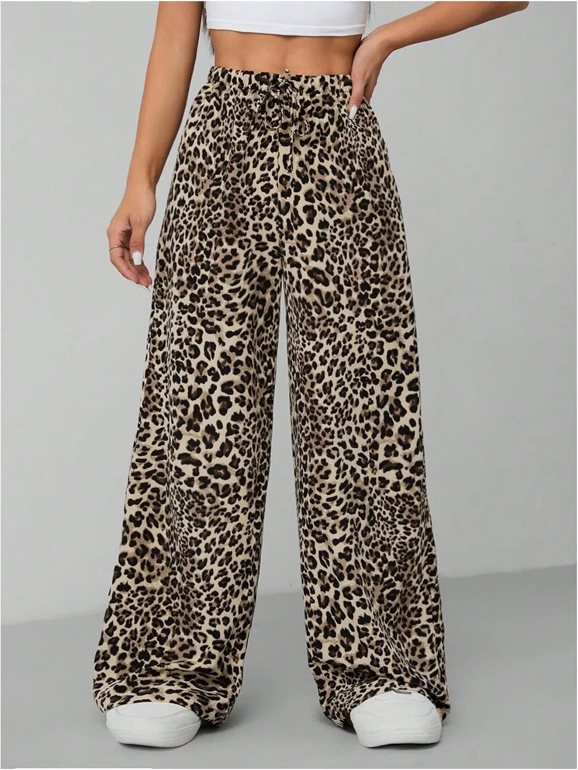 Floerns Women's Drawstring Waist Leopard Print Trousers Tie Front Wide Leg Pants