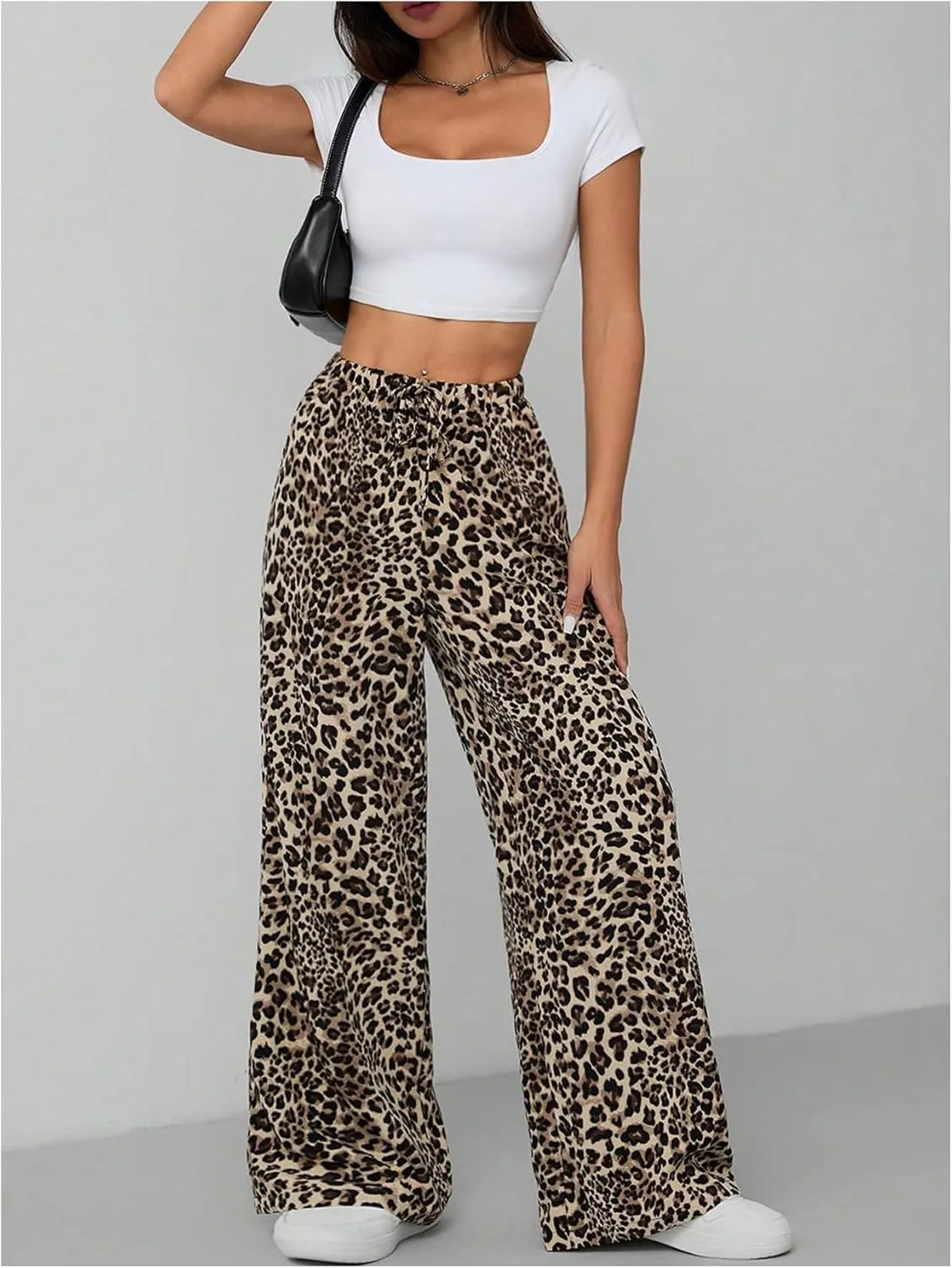 Floerns Women's Drawstring Waist Leopard Print Trousers Tie Front Wide Leg Pants