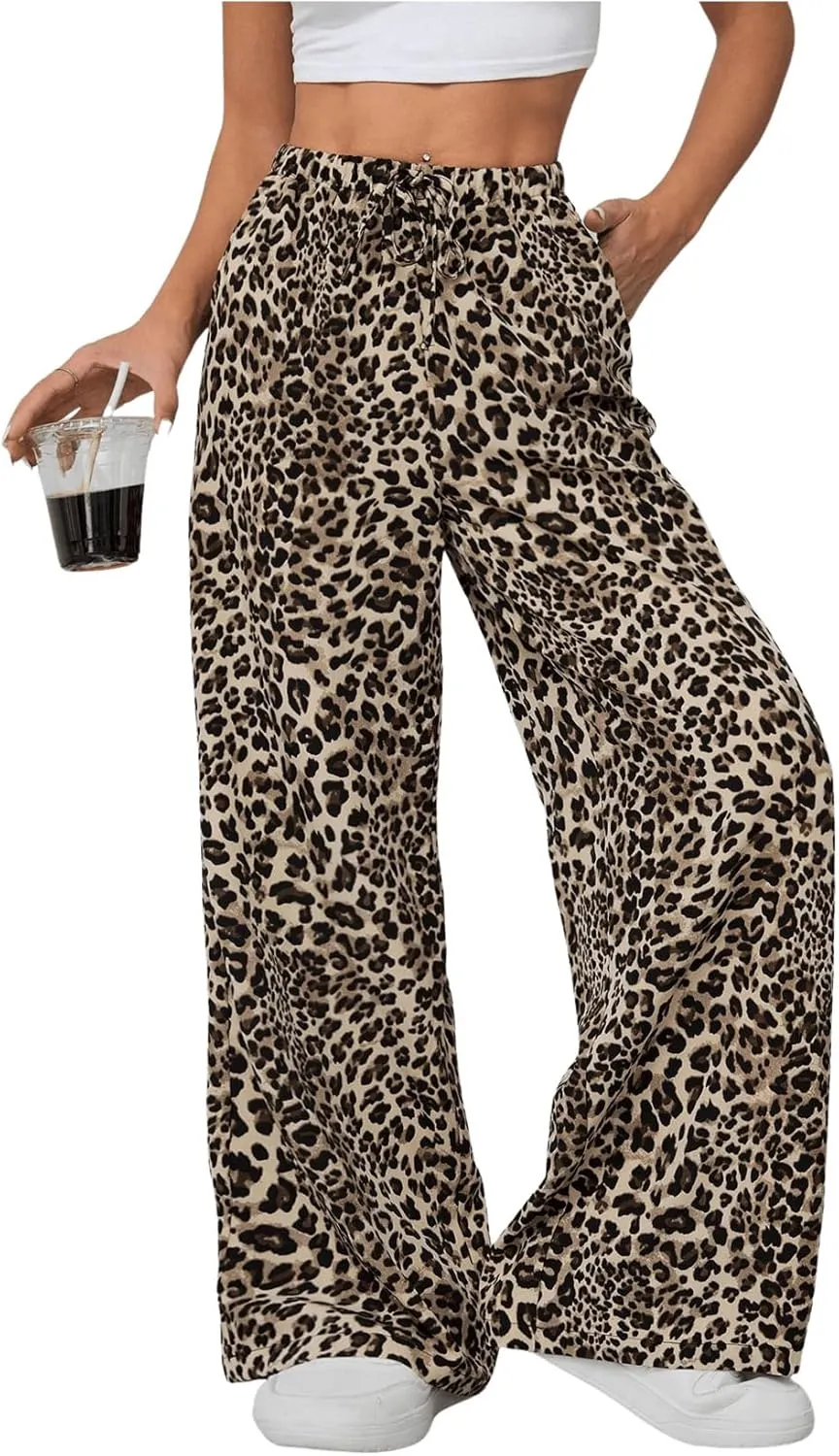 Floerns Women's Drawstring Waist Leopard Print Trousers Tie Front Wide Leg Pants