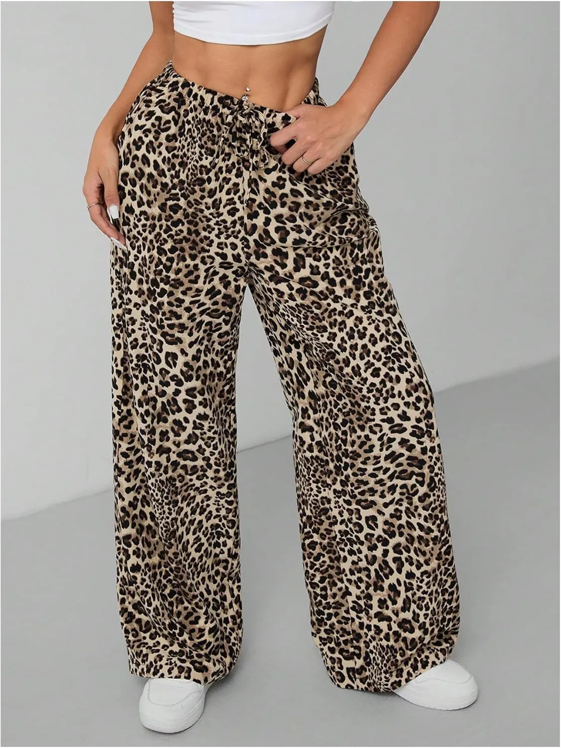 Floerns Women's Drawstring Waist Leopard Print Trousers Tie Front Wide Leg Pants
