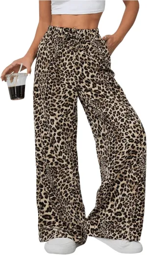 Floerns Women's Drawstring Waist Leopard Print Trousers Tie Front Wide Leg Pants