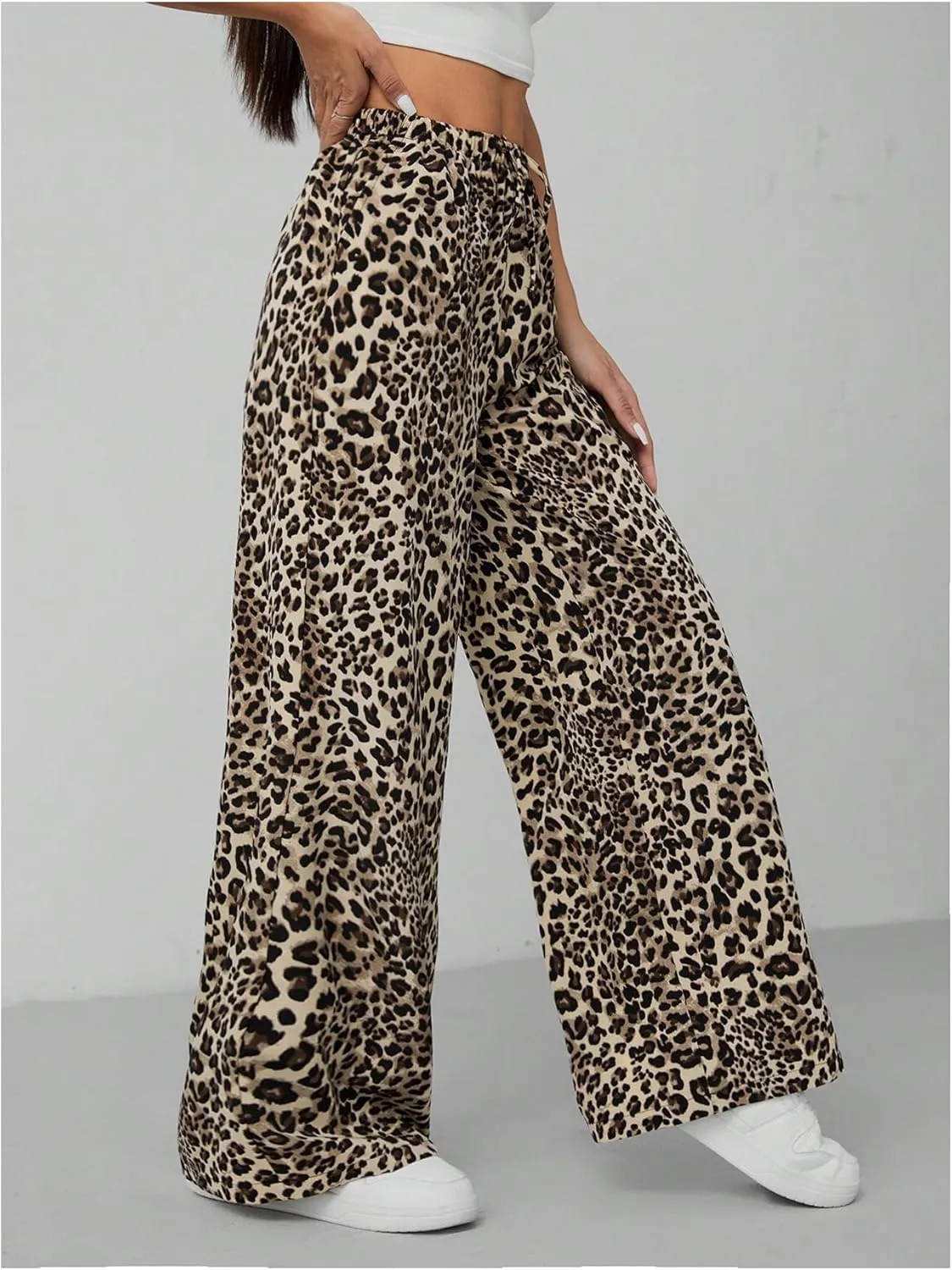 Floerns Women's Drawstring Waist Leopard Print Trousers Tie Front Wide Leg Pants