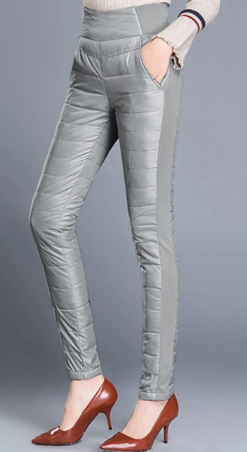 GGUHHU Womens Classic Elastic High Waist Quilted Padded Tapered Leg Long Down Pants